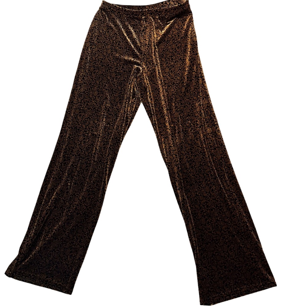 True Vintage Damask Velvet Flare Pants Black Metallic Scroll Wide Leg Y2K M‎